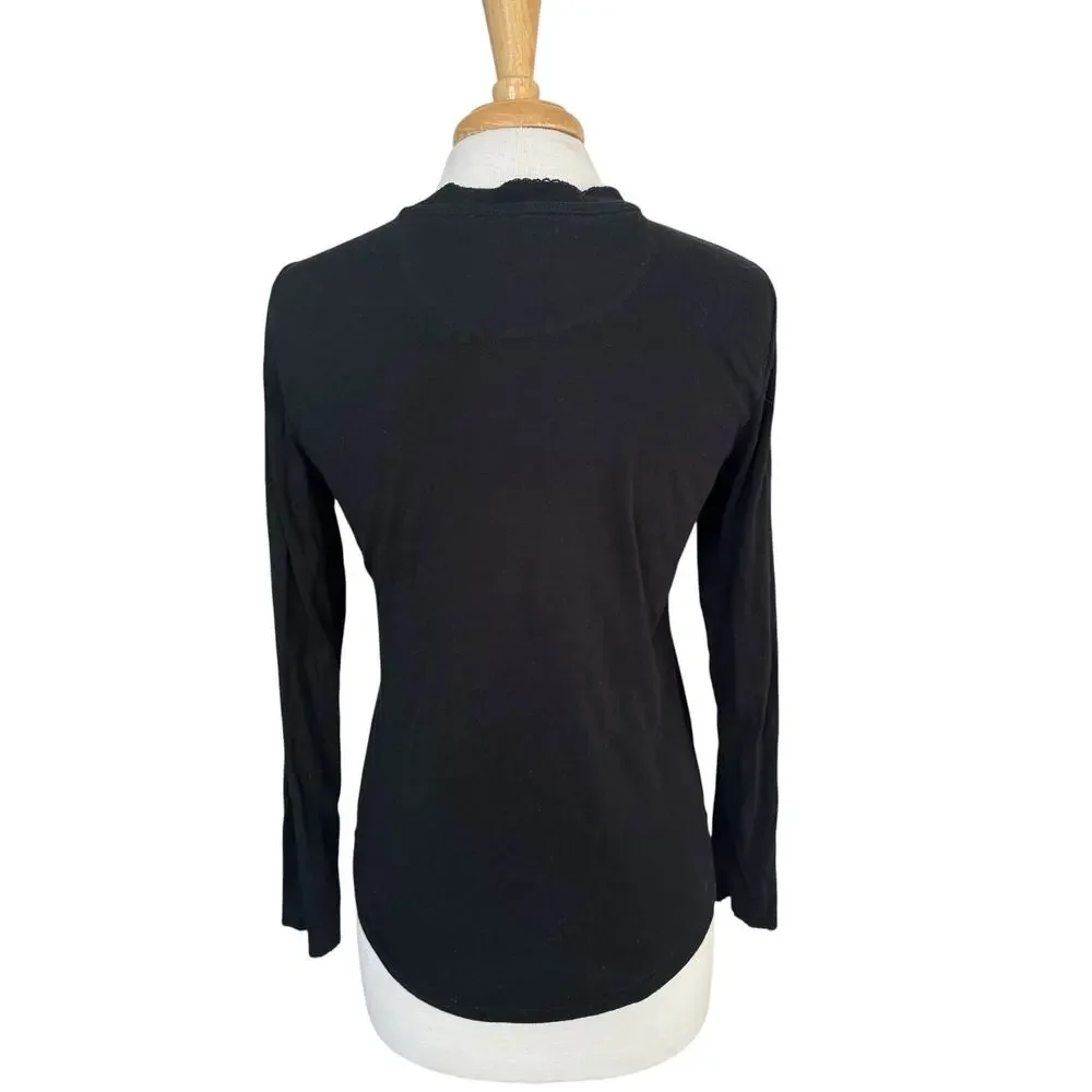 RALPH LAUREN LRL Gold Embroidered Logo Henley Tee in Black Size Medium Womens